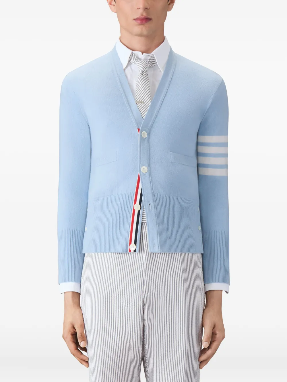 Thom Browne CLASSIC V-NECK CARDIGAN WITH WHITE 4-BAR STRIPE IN CASHMERE | Cardigans | Image 2