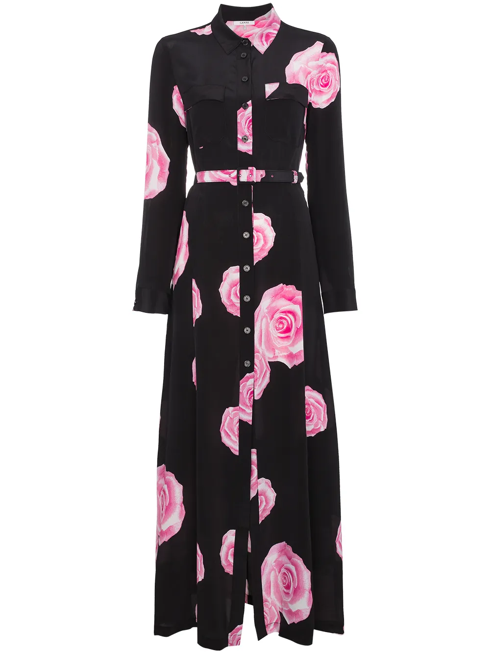 Ganni Longsleeved Belted Shirt Dress With Rose Print - Farfetch