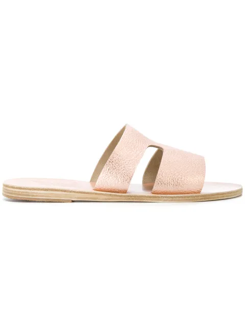 Click to view more detailed imagery on our partner's website Ancient Greek Sandals Apteros Cutout Metallic Textured-leather Slides In Pink