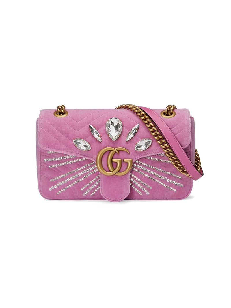 Gucci Gg Marmont 2.0 Crystal Embellished Velvet Crossbody Bag - Pink | ModeSens