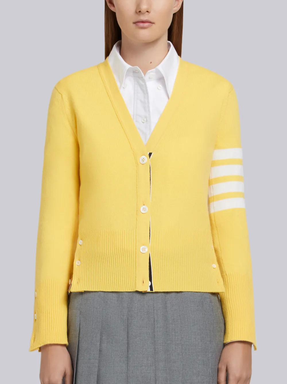 Thom Browne Classic 4-bar Cashmere Cardigan In Yellow