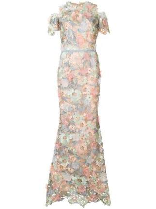 marchesa notte blue bird lace dress