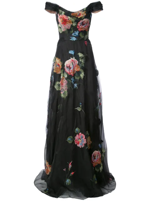 Marchesa Notte floral-embroidered off-the-shoulder gown