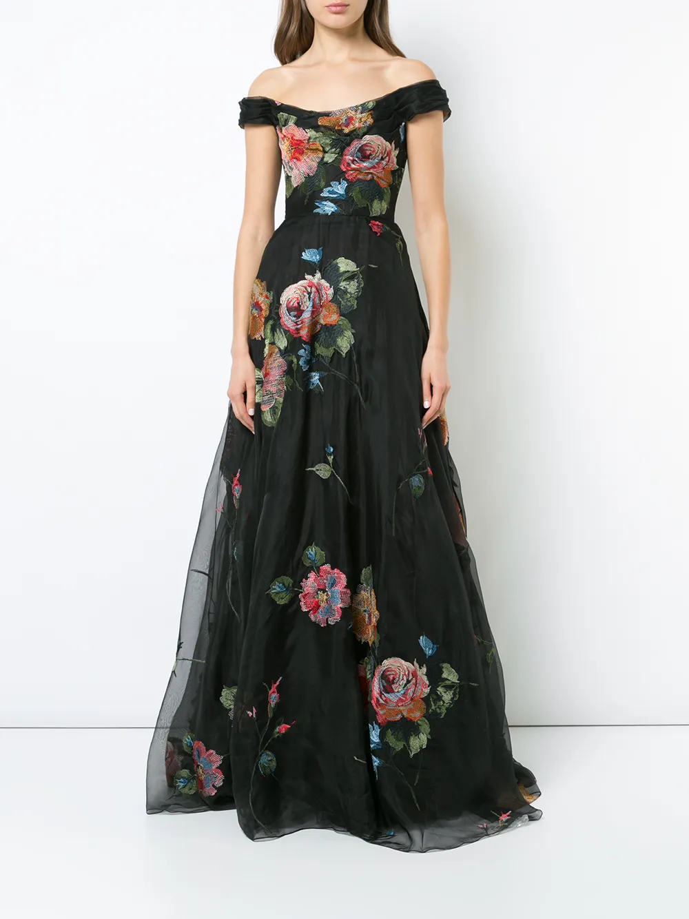  Marchesa Notte Florales Abendkleid Mit Schulterfreiem Design   Schwarz 