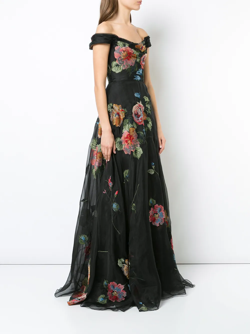  Marchesa Notte Florales Abendkleid Mit Schulterfreiem Design   Schwarz 