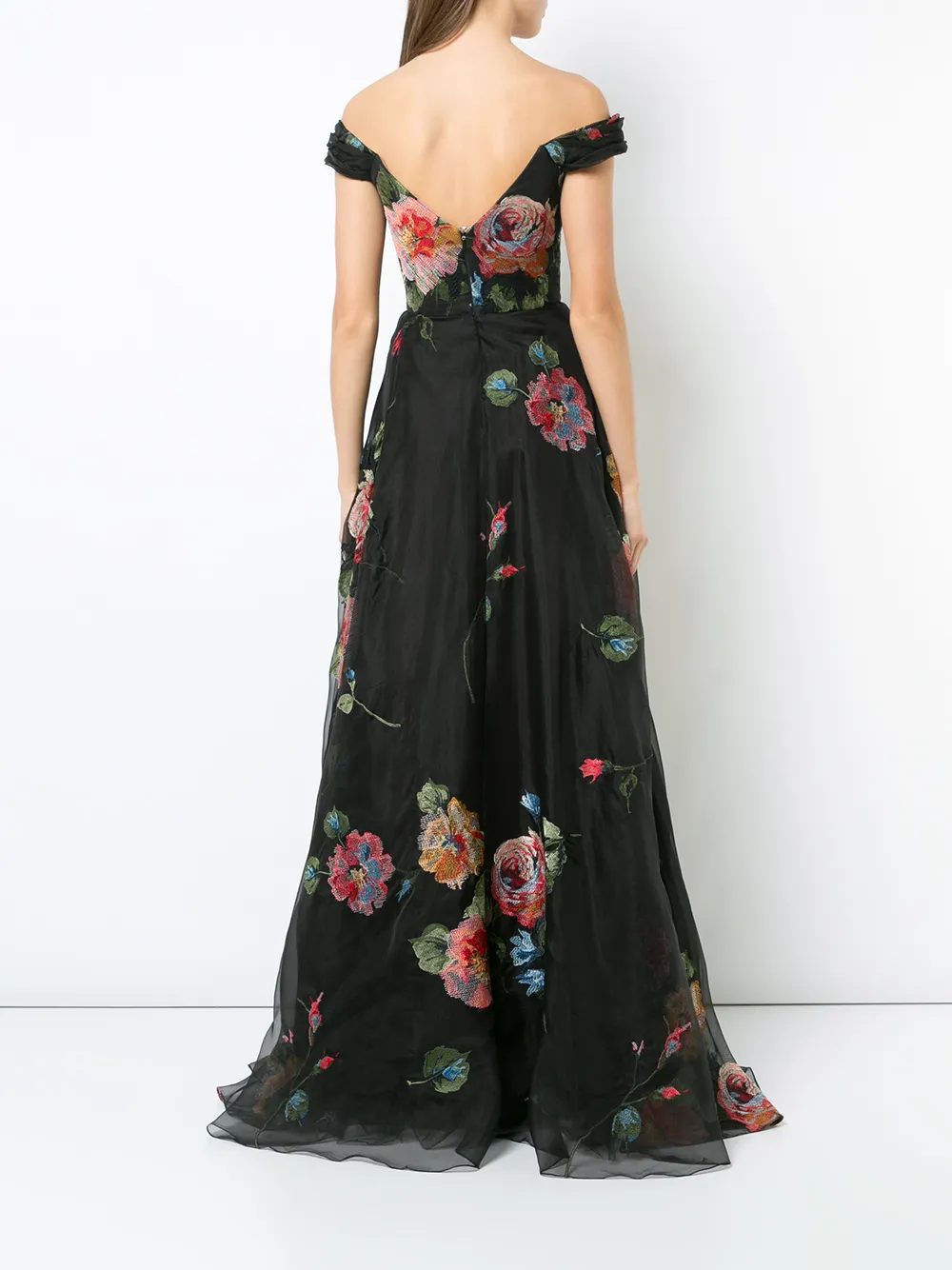 Marchesa Notte geborduurde off-the-shoulder jurk met bloemen Zwart