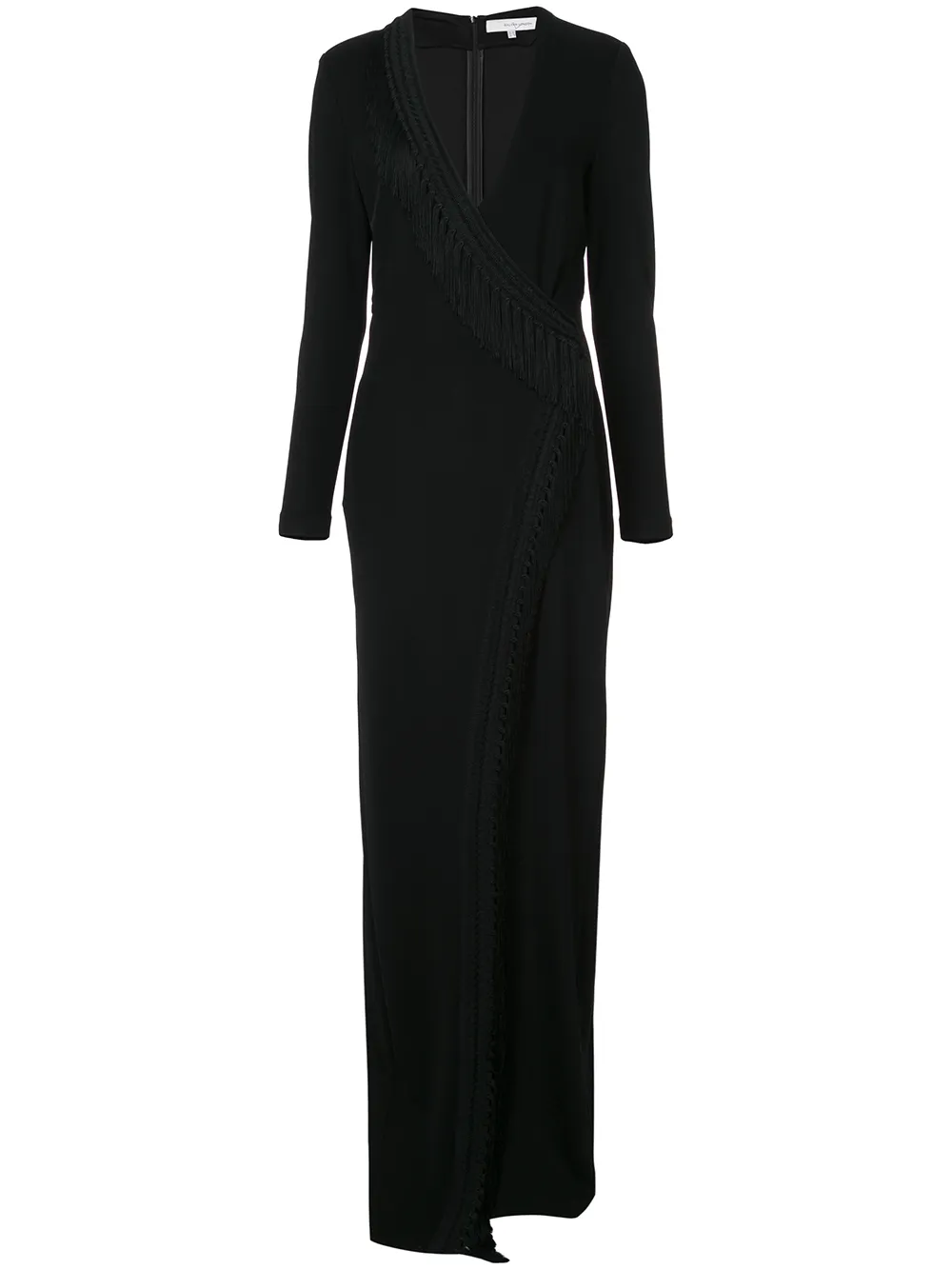 long-sleeve fringed wrap dress
