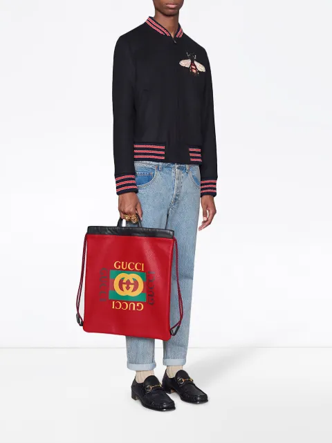 gucci print leather drawstring backpack