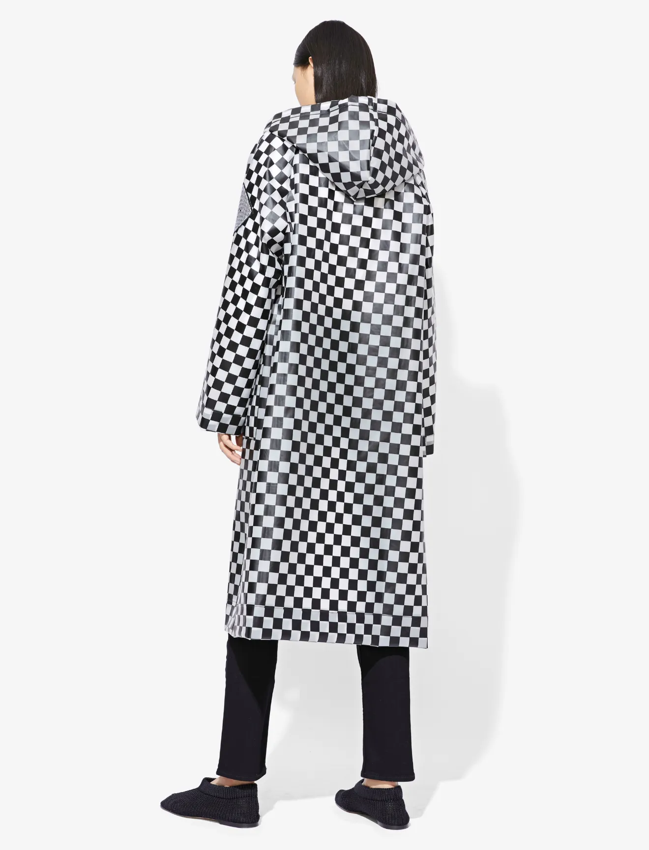 black and white checkered raincoat