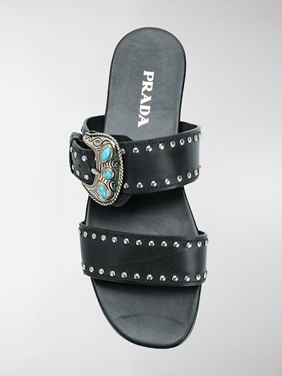 Prada western buckle flat sandals black | MODES