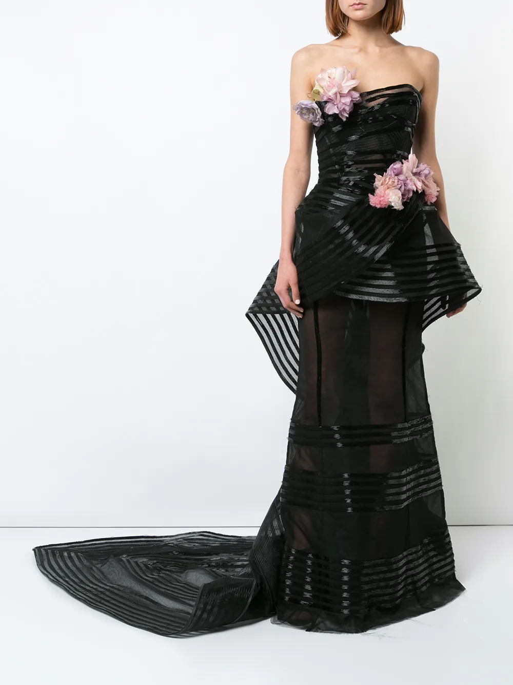 Marchesa met bloemen versierde strapless jurk Zwart