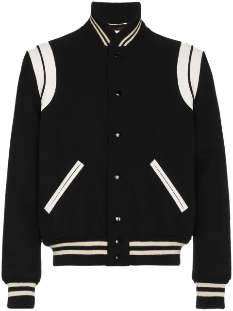 Click to view more detailed imagery on our partner's website Saint Laurent Teddy Jacket In Black Virgin Wool And Off-White Leather In 1070 Black
