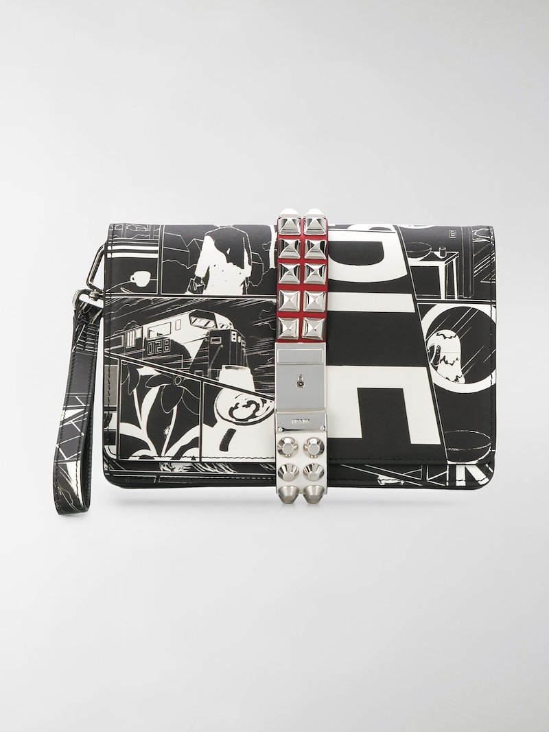 Prada comic-print wristlet clutch bag black | MODES