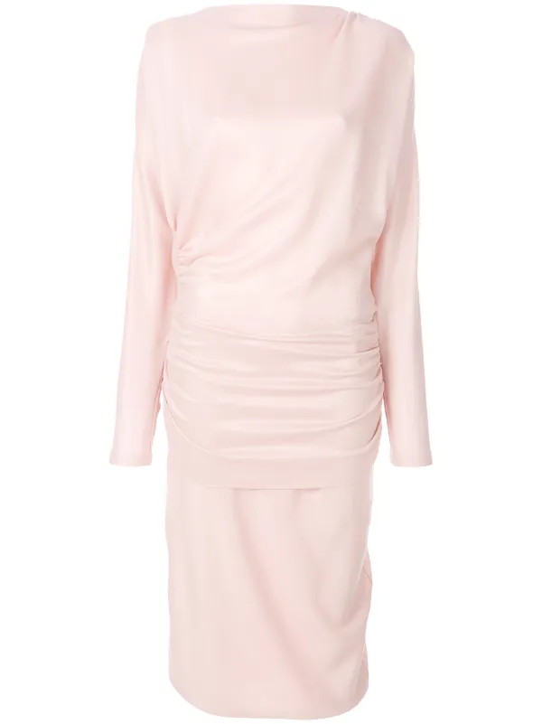 pink ruched midi dress