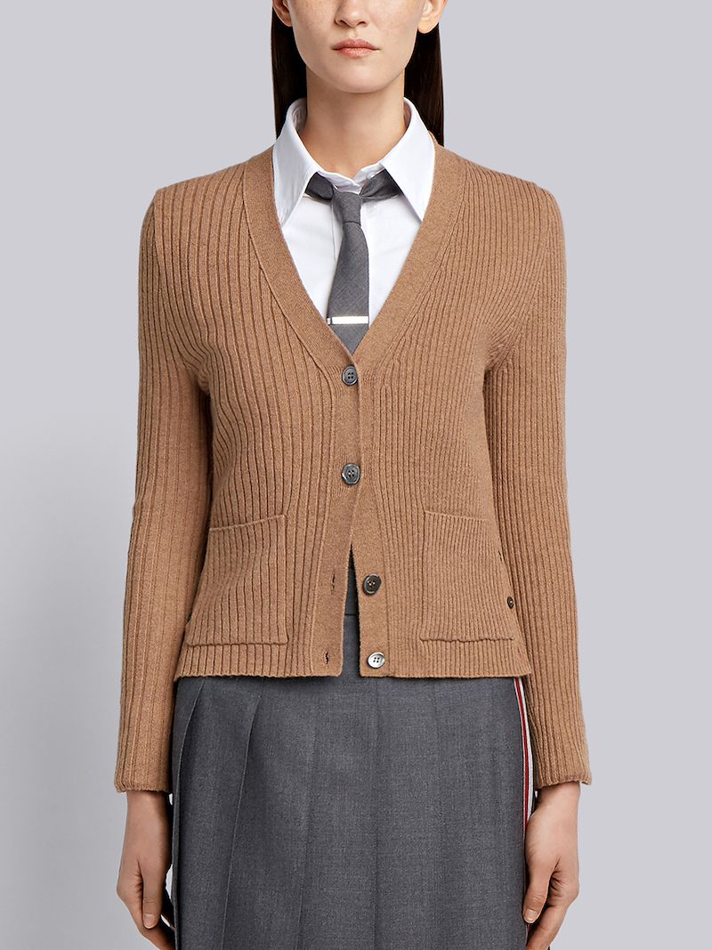 Half And Half Rib Knit Striped Camel Hair Cardigan Thom Browne Official