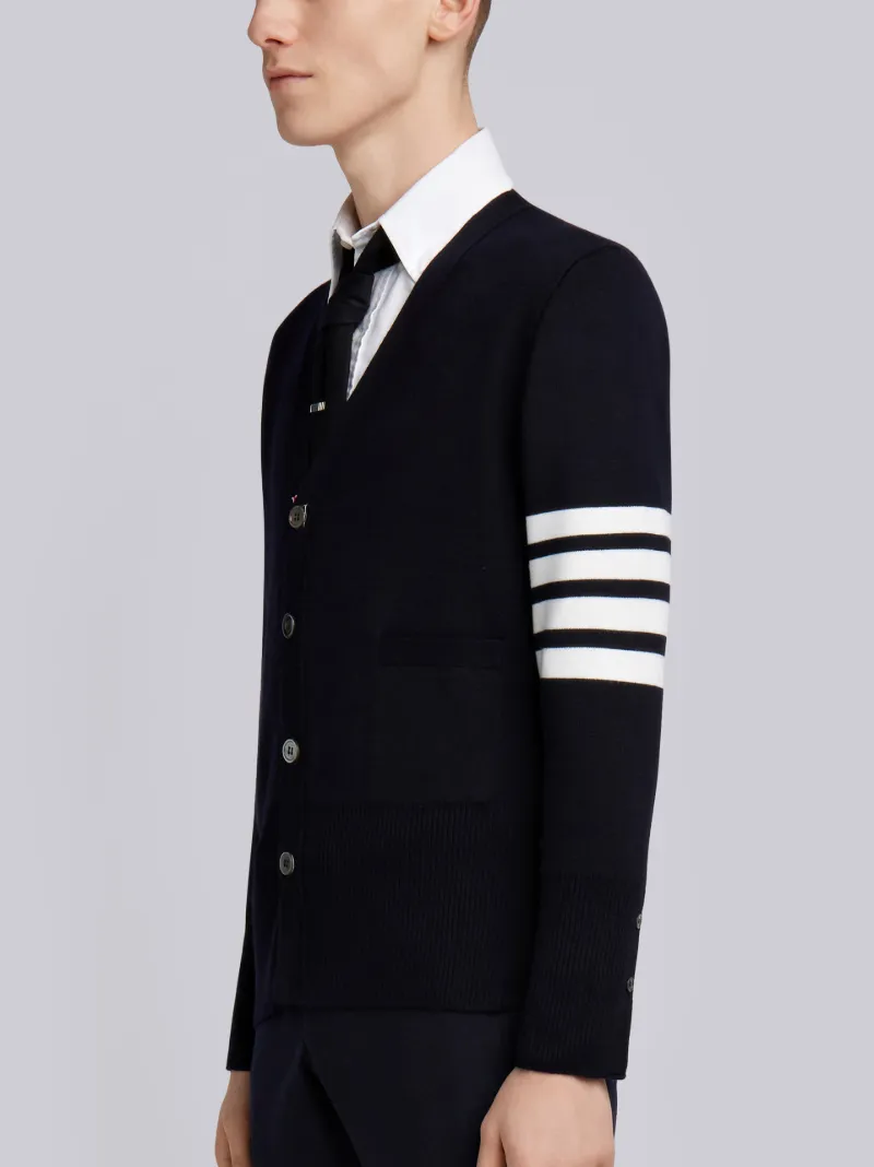 Navy Milano Stitch Fine Merino Wool 4-Bar V-Neck Cardigan | Thom 