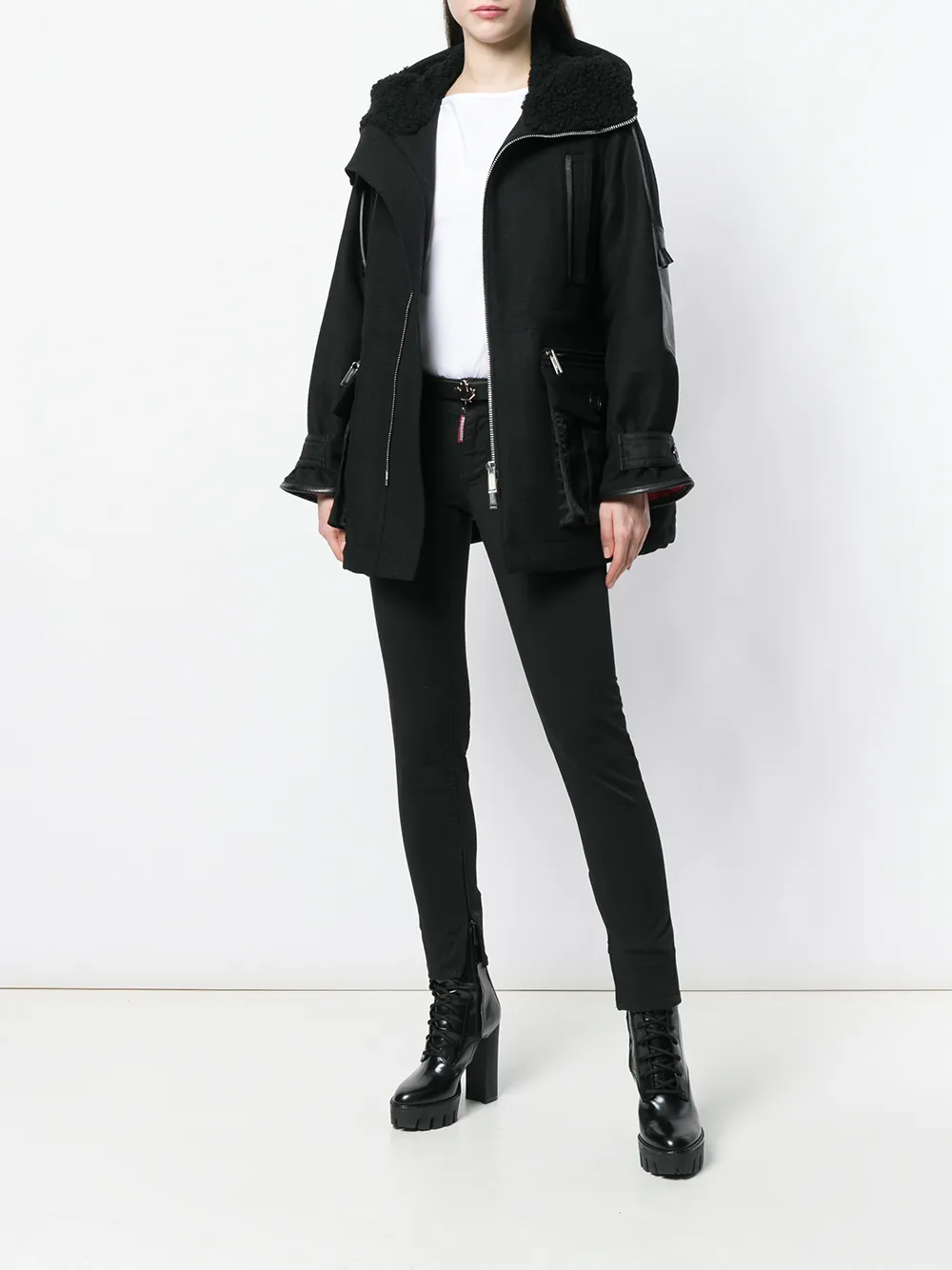DSQUARED2 shearling lined hooded coat Zwart