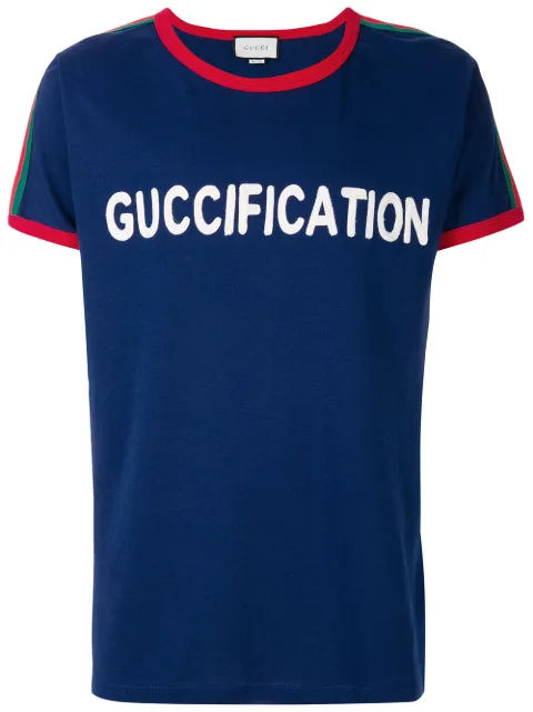 Click to view more detailed imagery on our partner's website Gucci Slim-Fit Webbing-Trimmed Embroidered Cotton-Jersey T-Shirt In Blue