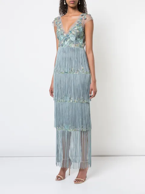 MARCHESA NOTTE EMBROIDERED FRINGE DRESS