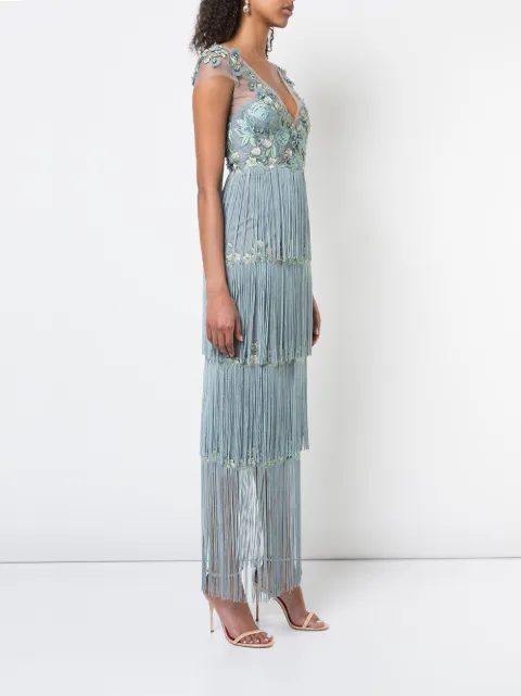 MARCHESA NOTTE EMBROIDERED FRINGE DRESS