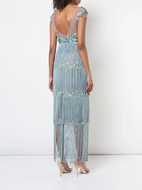 MARCHESA NOTTE EMBROIDERED FRINGE DRESS