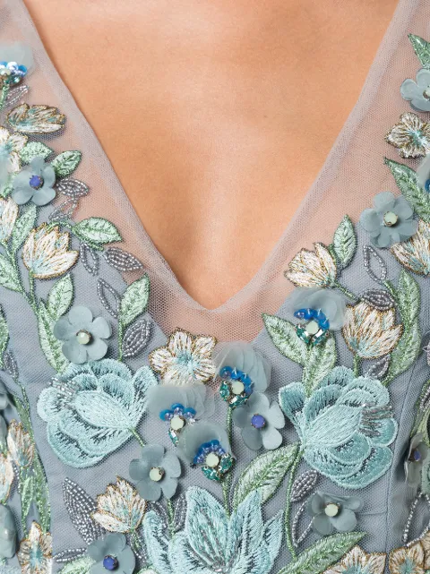 MARCHESA NOTTE EMBROIDERED FRINGE DRESS