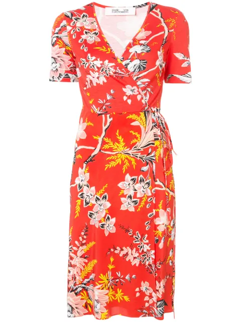 floral red wrap dress