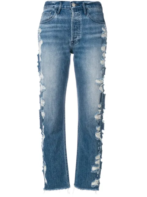 Click to view more detailed imagery on our partner's website 3x1 W3 Higher Ground Cropped Distressed High-rise Jeans In Blue