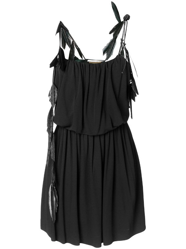 feather trim black dress