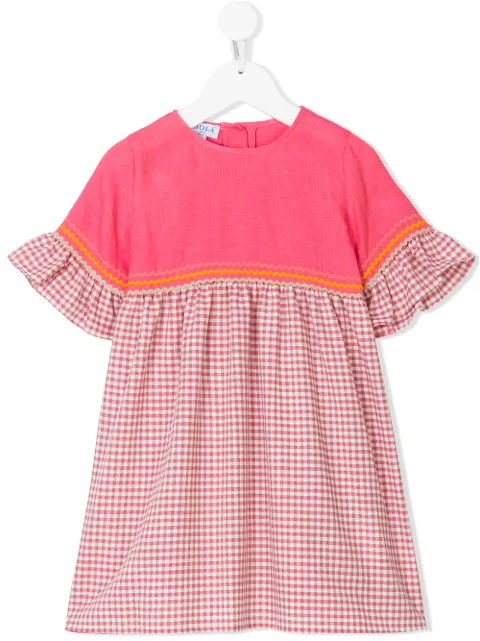 Siola gingham-ternet kjole med flæseærmer