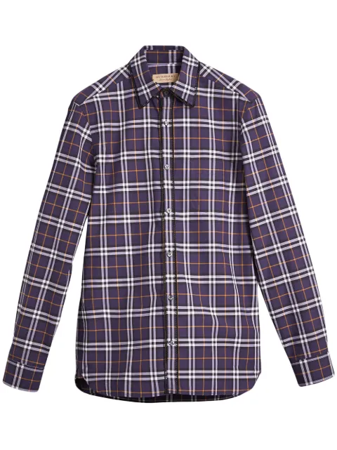 Burberry Embroidered Detail Check Cotton Shirt In Navy