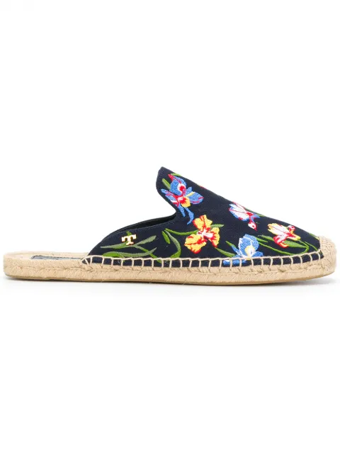 Tory Burch Max Embroidered Espadrille Slides In Blue | ModeSens
