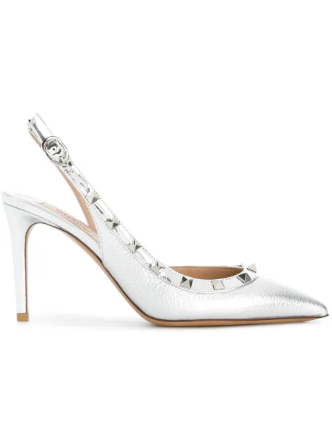 Valentino The Rockstud Metallic Textured-leather Slingback Pumps In S13 Silver