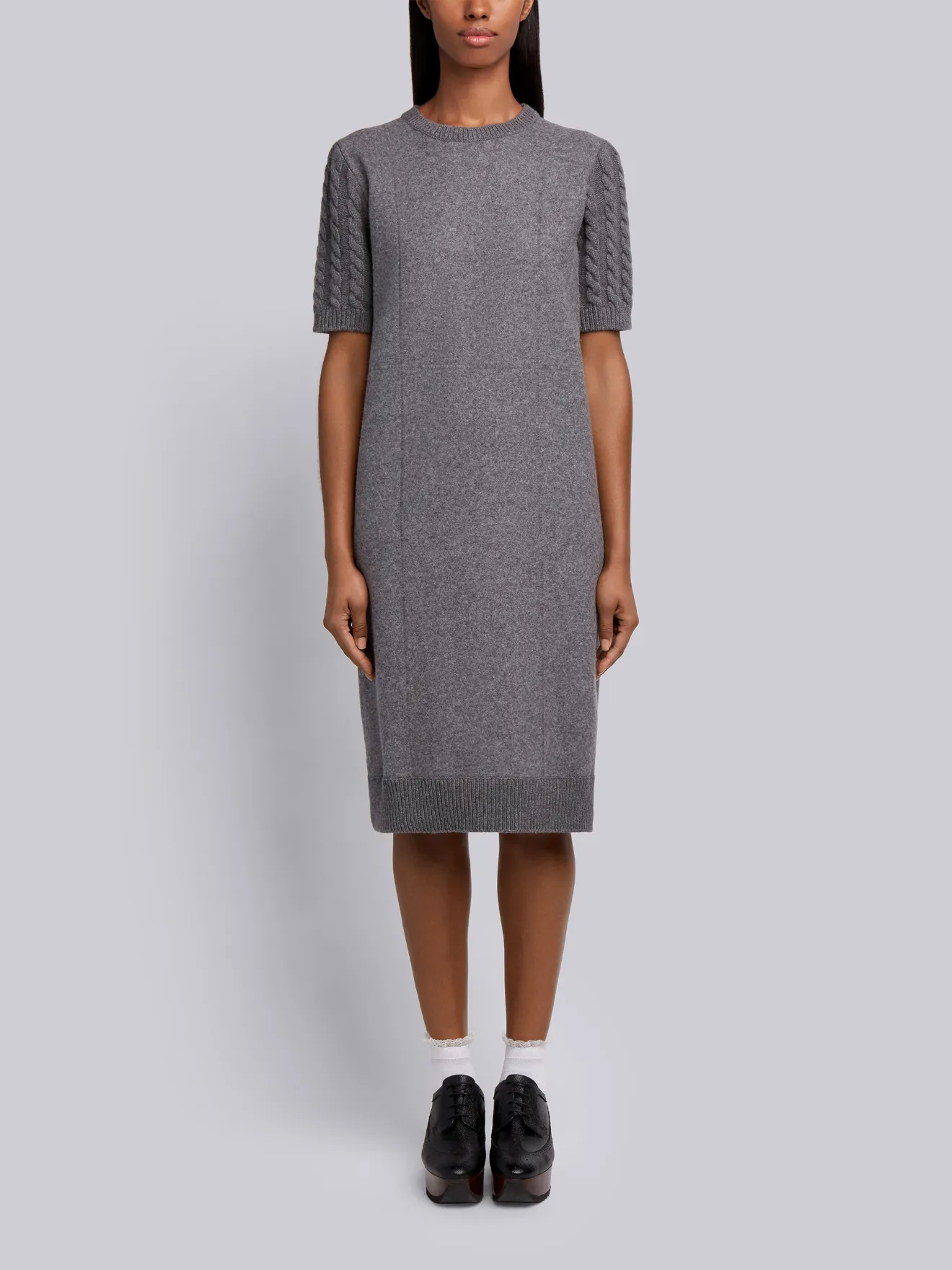 Wool Flannel Cable Knit Sweater Dress 