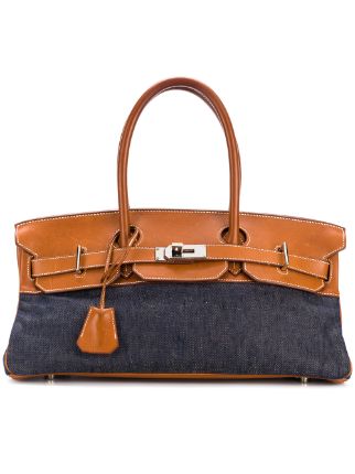 Hermes Birkin Shoulder Handbag in Brown Barenia Leather and Blue Denim