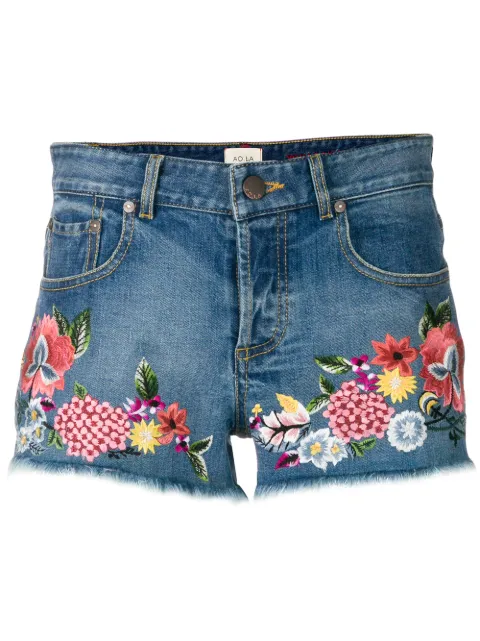 Alice And Olivia Floral Embroidered Denim Shorts In Blue