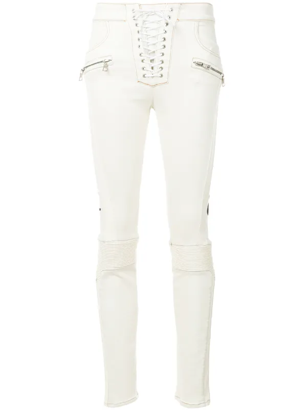 white lace up jeans