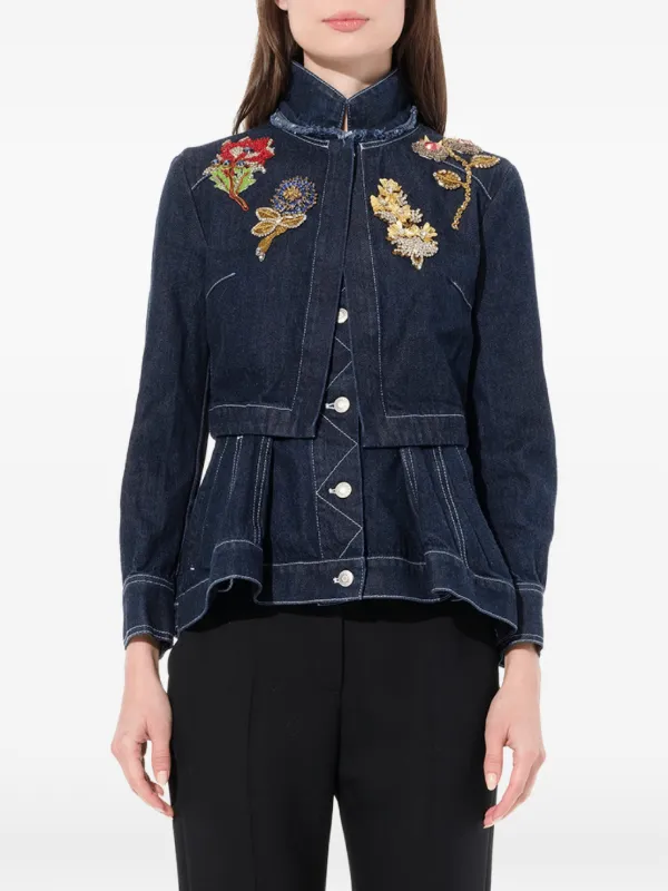 Alexander McQueen Embroidered Denim Peplum Jacket in Blue