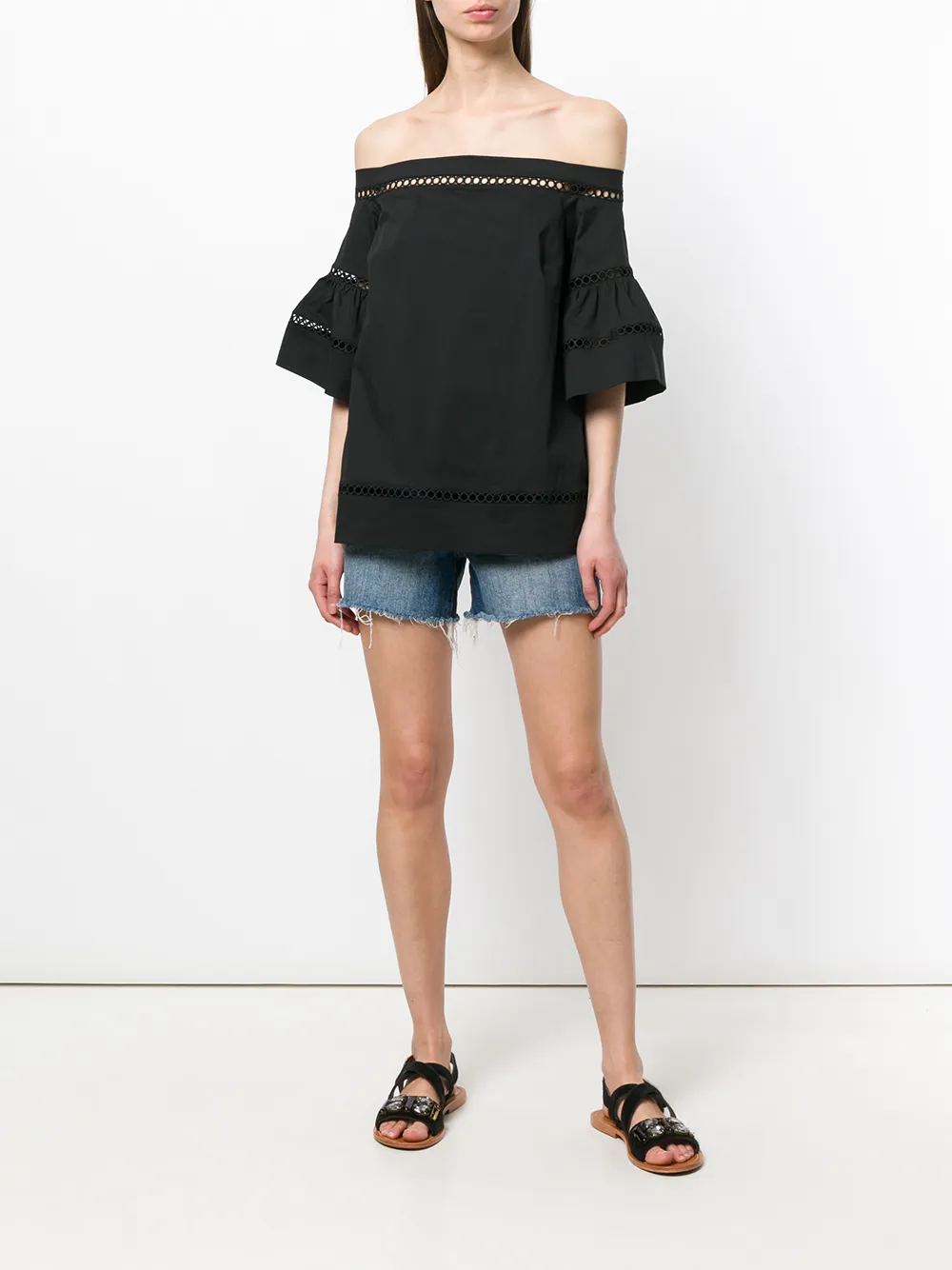  Michael Michael Kors Embroidered Off Shoulder Top - Black 