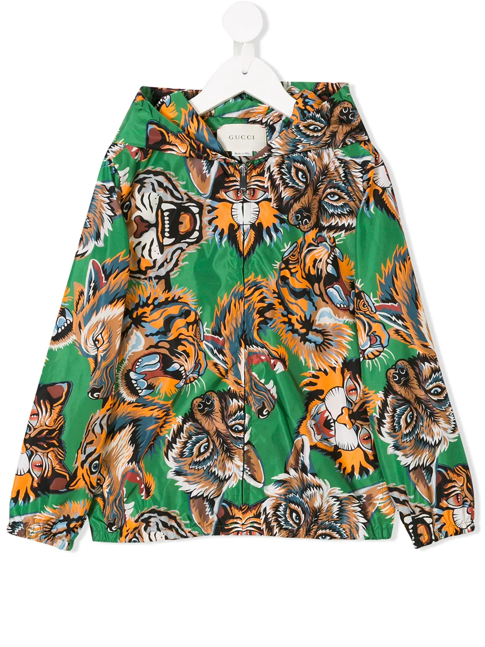 Gucci Kids' Animal Faces Print Hooded Jacket In Green