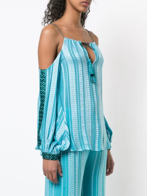 Zeus + Dione Patterned Cold Shoulder Blouse In Blue