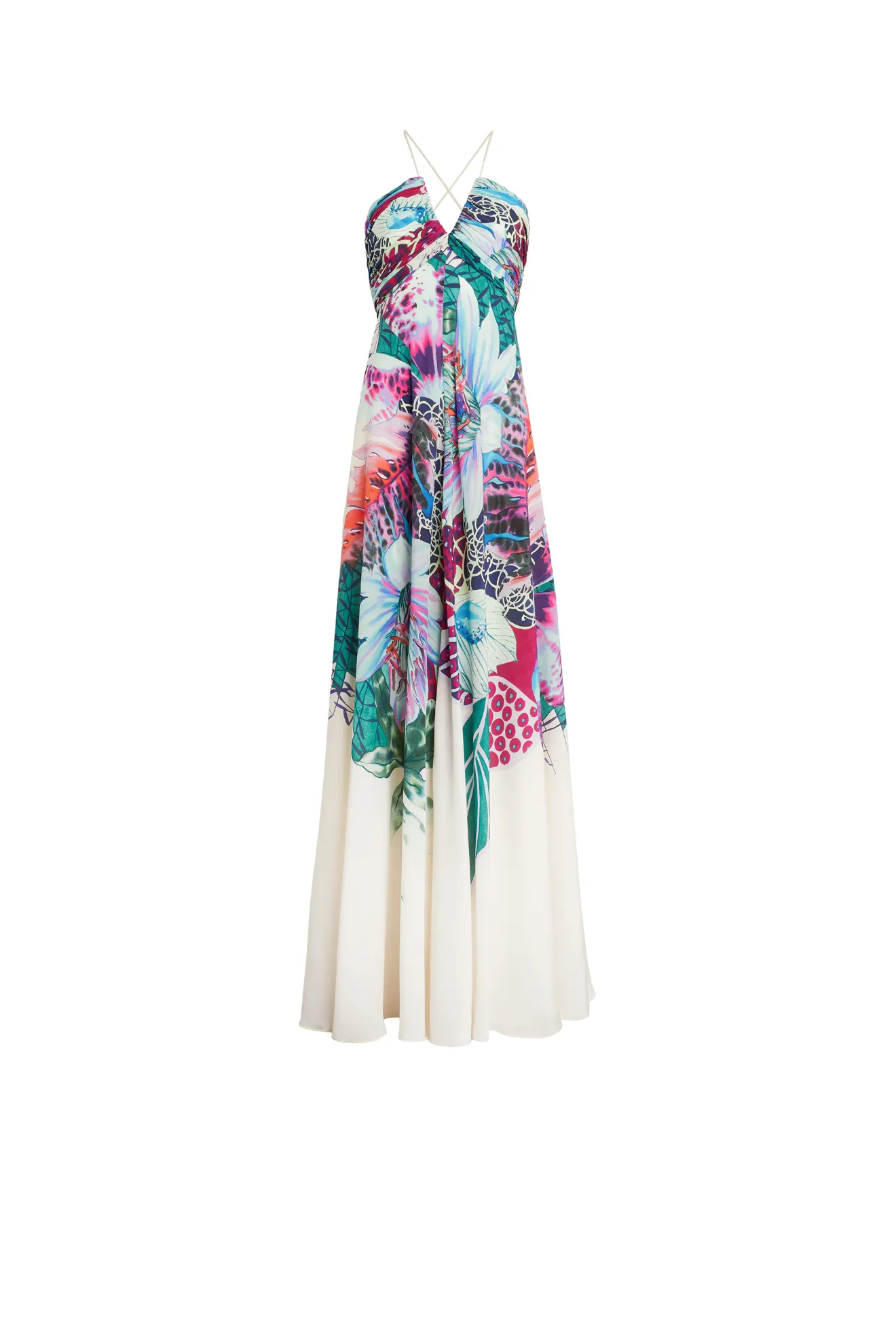 Exotic Flora print ivory silk dress 