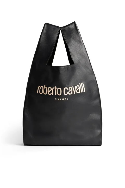 Large Black Logo Leather Tote Bag Roberto Cavalli Bags Large Black Logo Leather Tote Bag