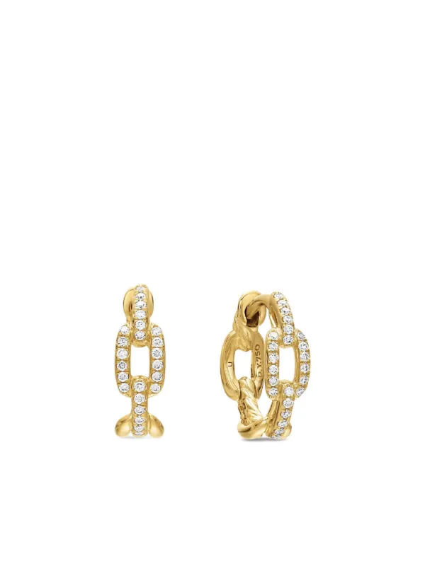 David Yurman 18kt Yellow Gold Stax Diamond Chain Link Huggie Hoop Earrings (12.5mm)
