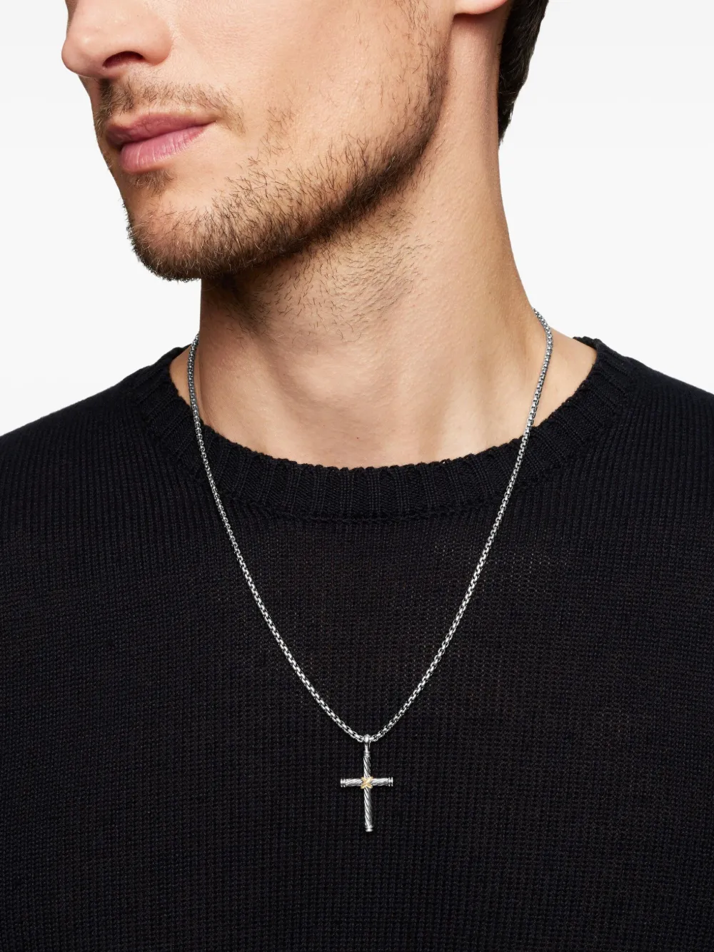 18kt Yellow Gold And Sterling Silver Cable Cross Pendant