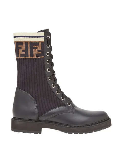 Click to view more detailed imagery on our partner's website Fendi Rockoko Logo-Jacquard Stretch-Knit And Leather Ankle Boots In F13Mc-Black+Bl Tab.Black M