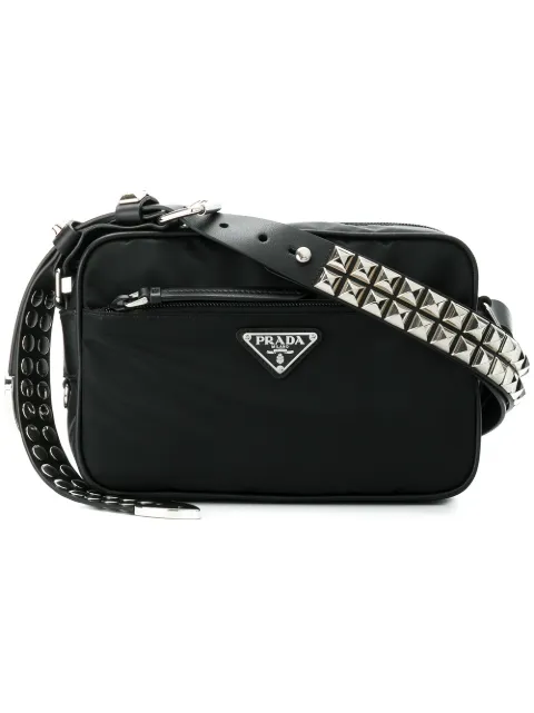 Prada Black Studded Strap Textile Shoulder Bag Farfetch