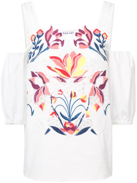 Click to view more detailed imagery on our partner's website Tanya Taylor Marja Floral-Embroidered Cutwork Cold-Shoulder Top In White