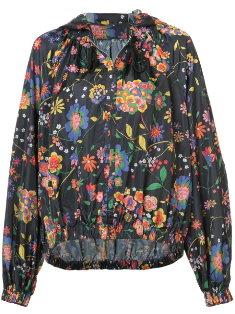 Click to view more detailed imagery on our partner's website Tibi Print Tech Floral Detachable Hood Water Repellent Jacket In Blue