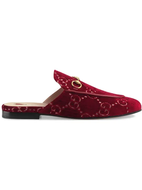 Click to view more detailed imagery on our partner's website Gucci Princetown Horsebit-Detailed Logo-Jacquard Slippers In Red